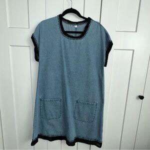 Women's blue denim dress with hand embellished black crochet trim - Large